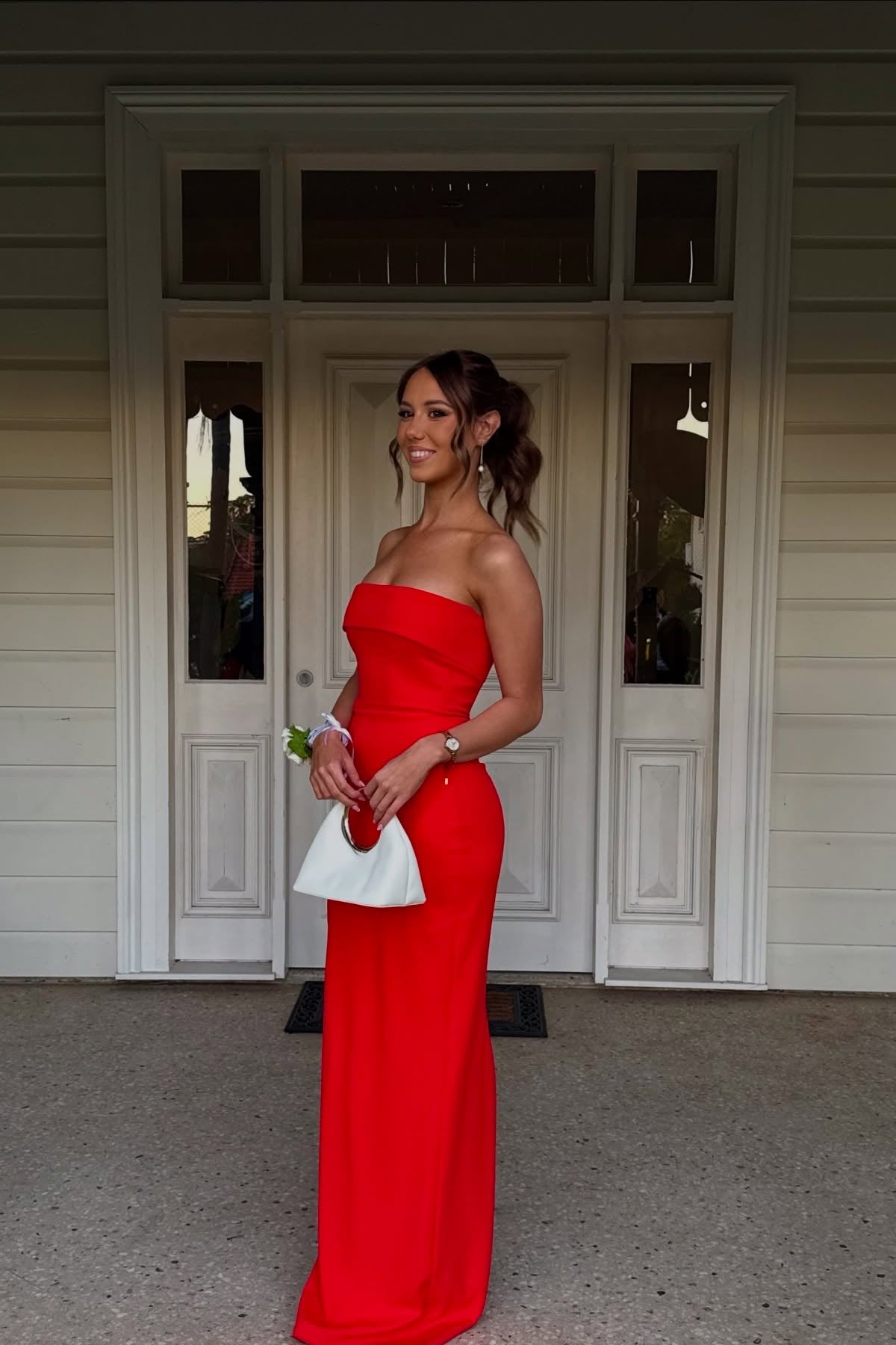 Strapless Red Column Long Dress with Slit