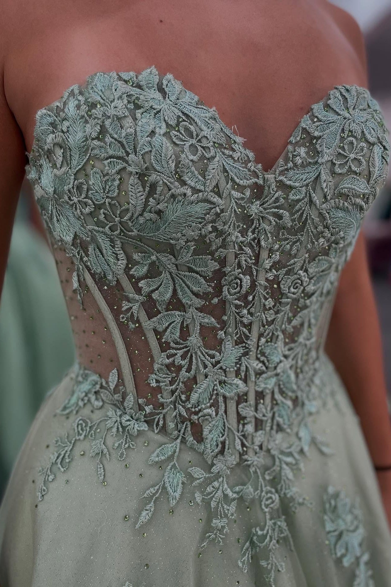 Strapless Sage Green Appliques Glitter Long Dress