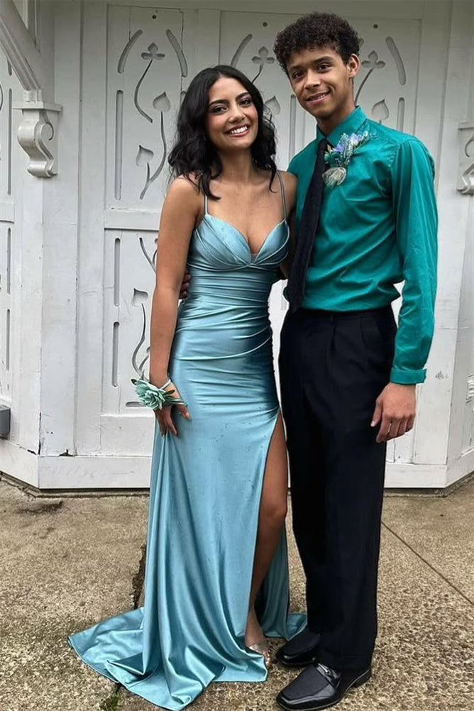 Straps Blue Ruched Mermaid Long Dress with Slit