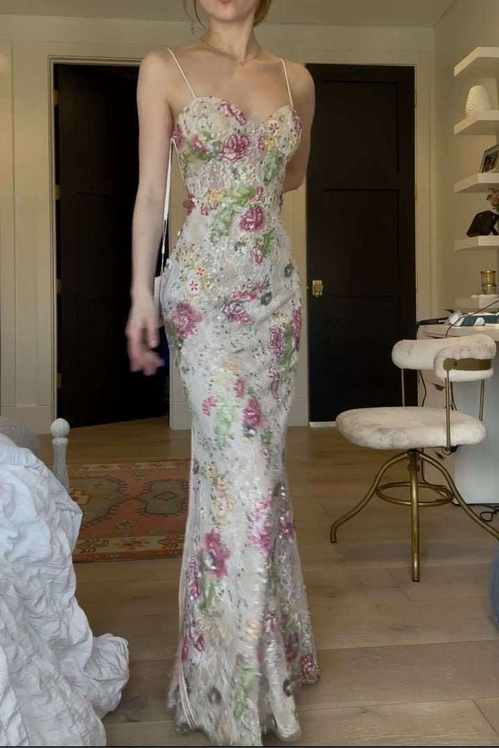 Sweetheart Straps Floral Embellishments Long Dress Gliier Prom Dress