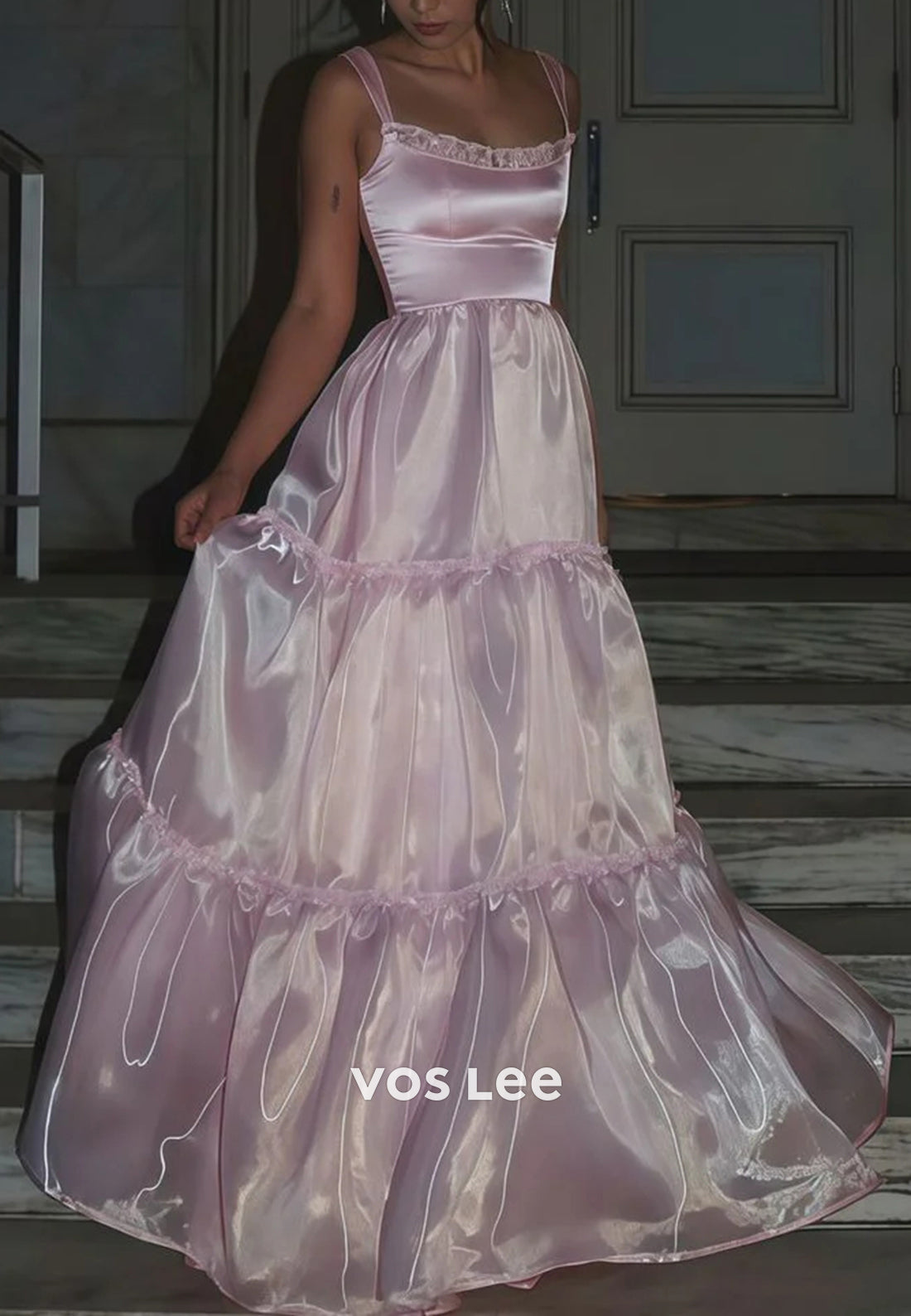 Sparkling & Simple Pink A-Line Scoop Prom Dresses Evening Dresses with Sweep Train