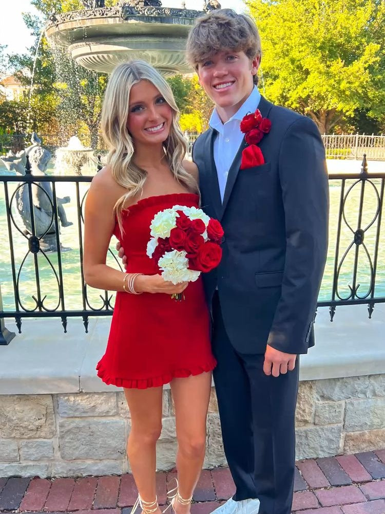 Stylish Sheath Strapless Red Satin Short Homecoming Dress with Ruffles –  VOS LEE