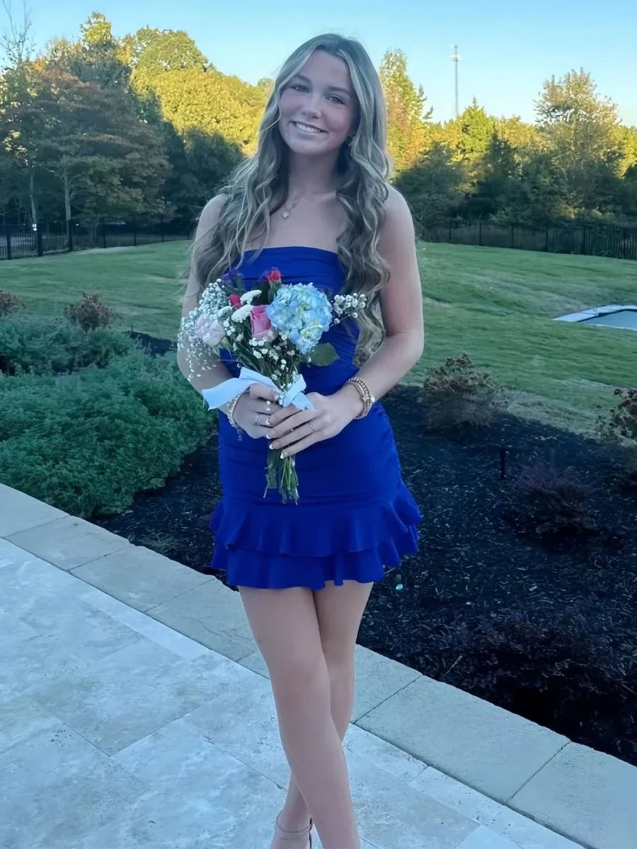 Stylish Sheath Strapless Royal Blue Short Homecoming Dress with Ruffles