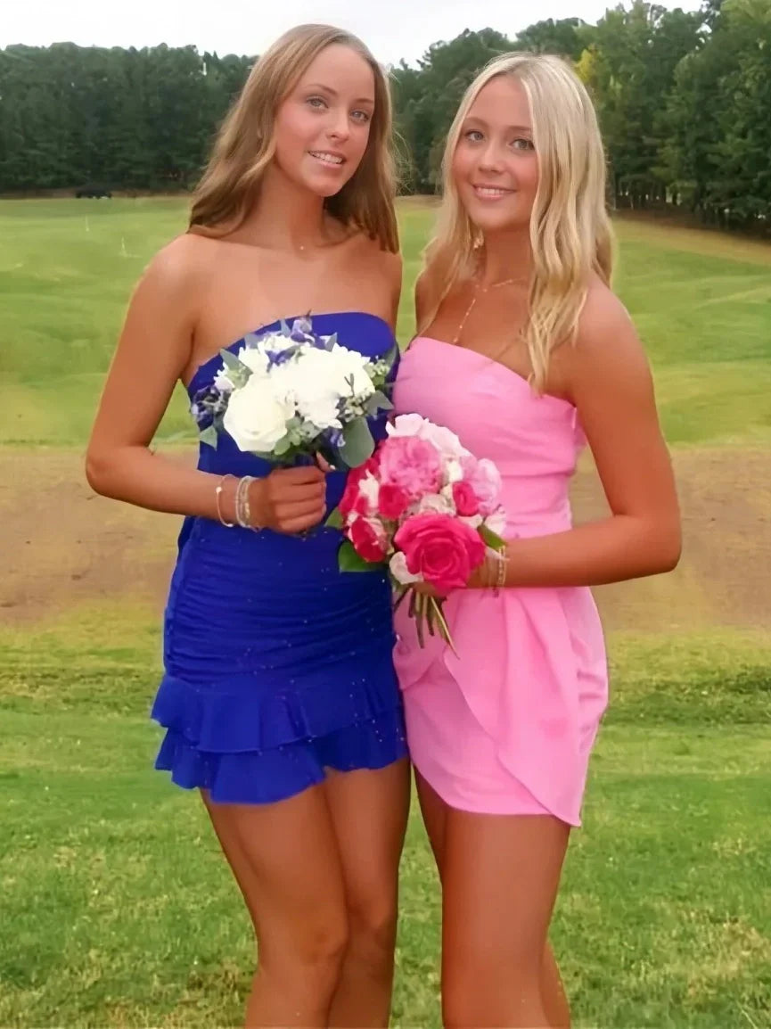 Stylish Sheath Strapless Royal Blue Short Homecoming Dress with Ruffles