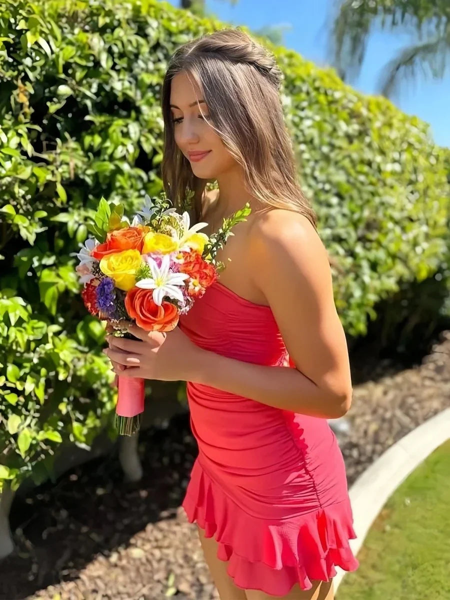 Stylish Sheath Strapless Royal Blue Short Homecoming Dress with Ruffles