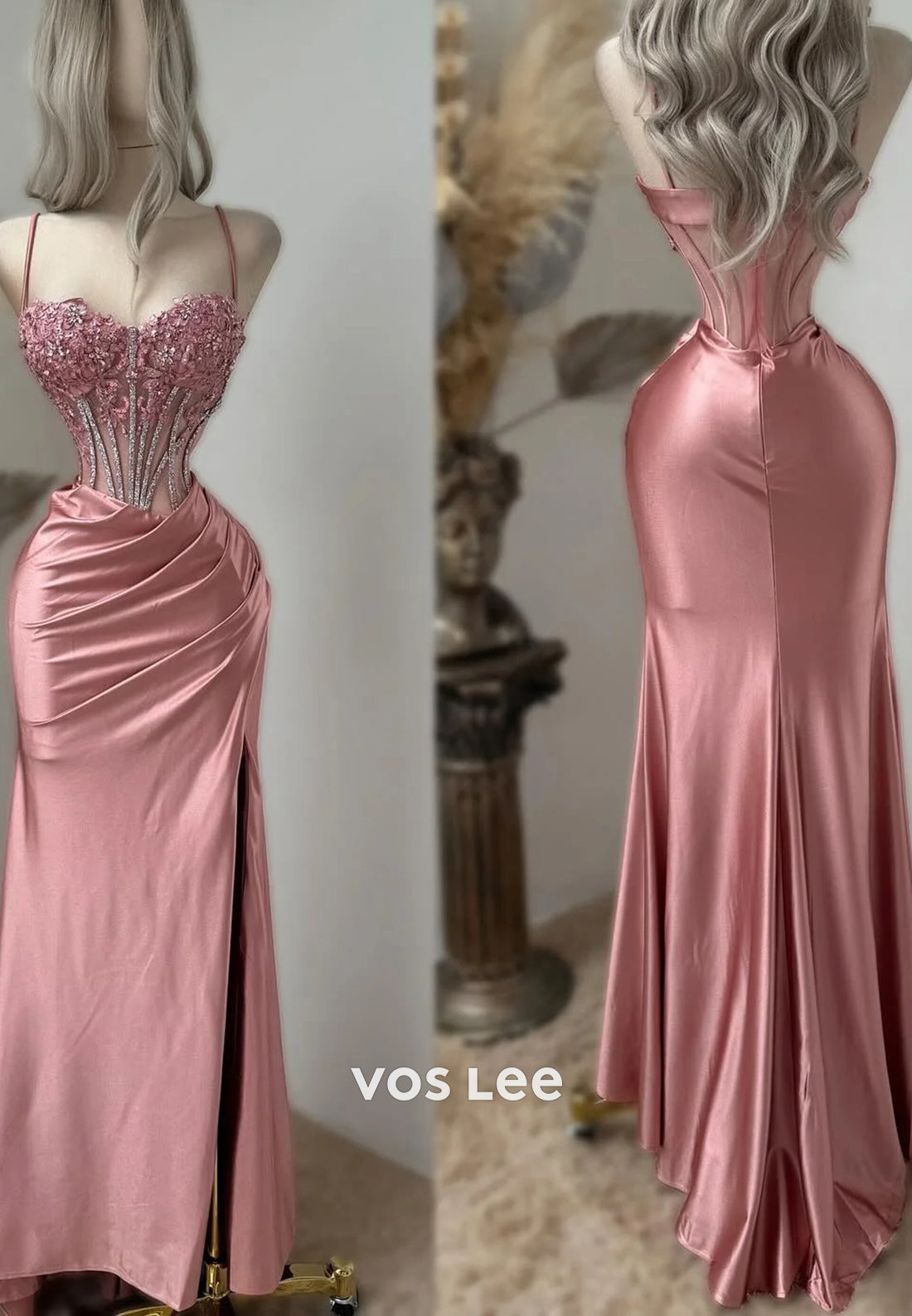 Sexy Spaghetti Straps Sweetheart Floral Pleated Mermaid Prom Dresses with High Split