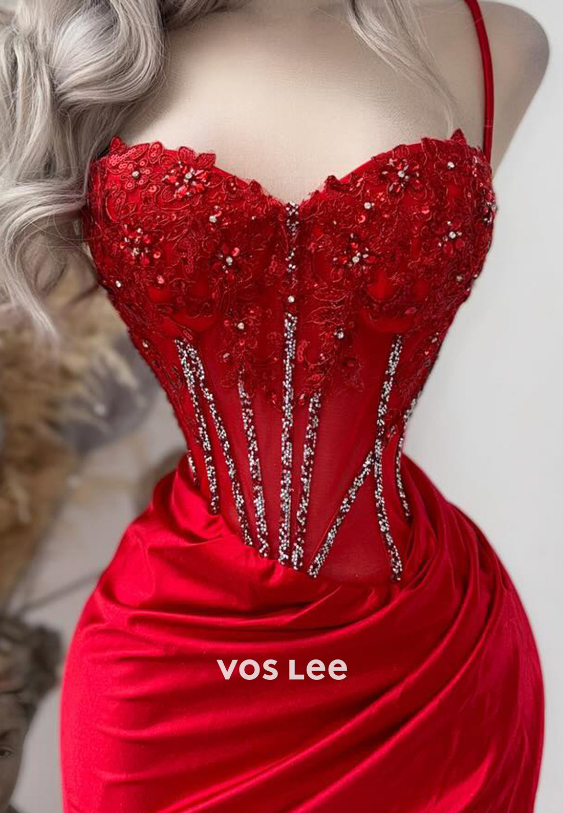 Sexy Spaghetti Straps Sweetheart Floral Pleated Mermaid Prom Dresses with High Split