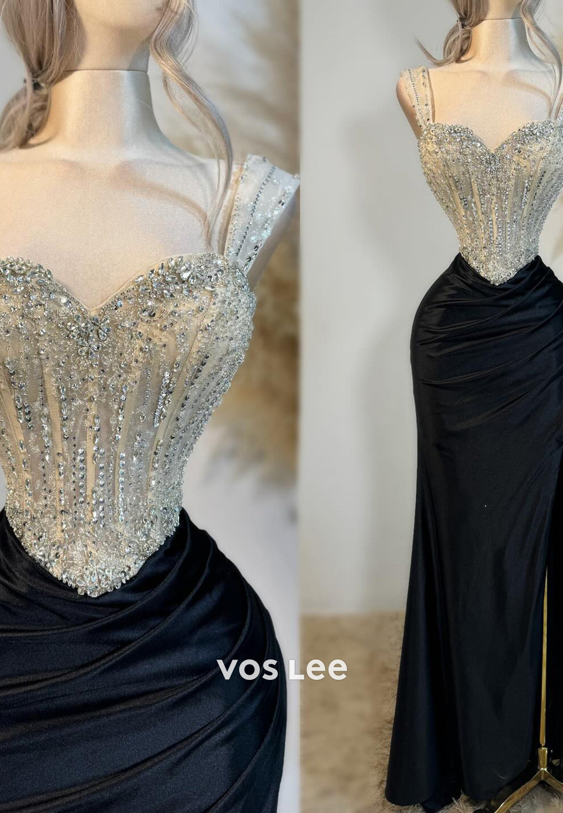 Sweetheart Ruched Rhinestone Mermaid Long Prom Dresses with Side Split