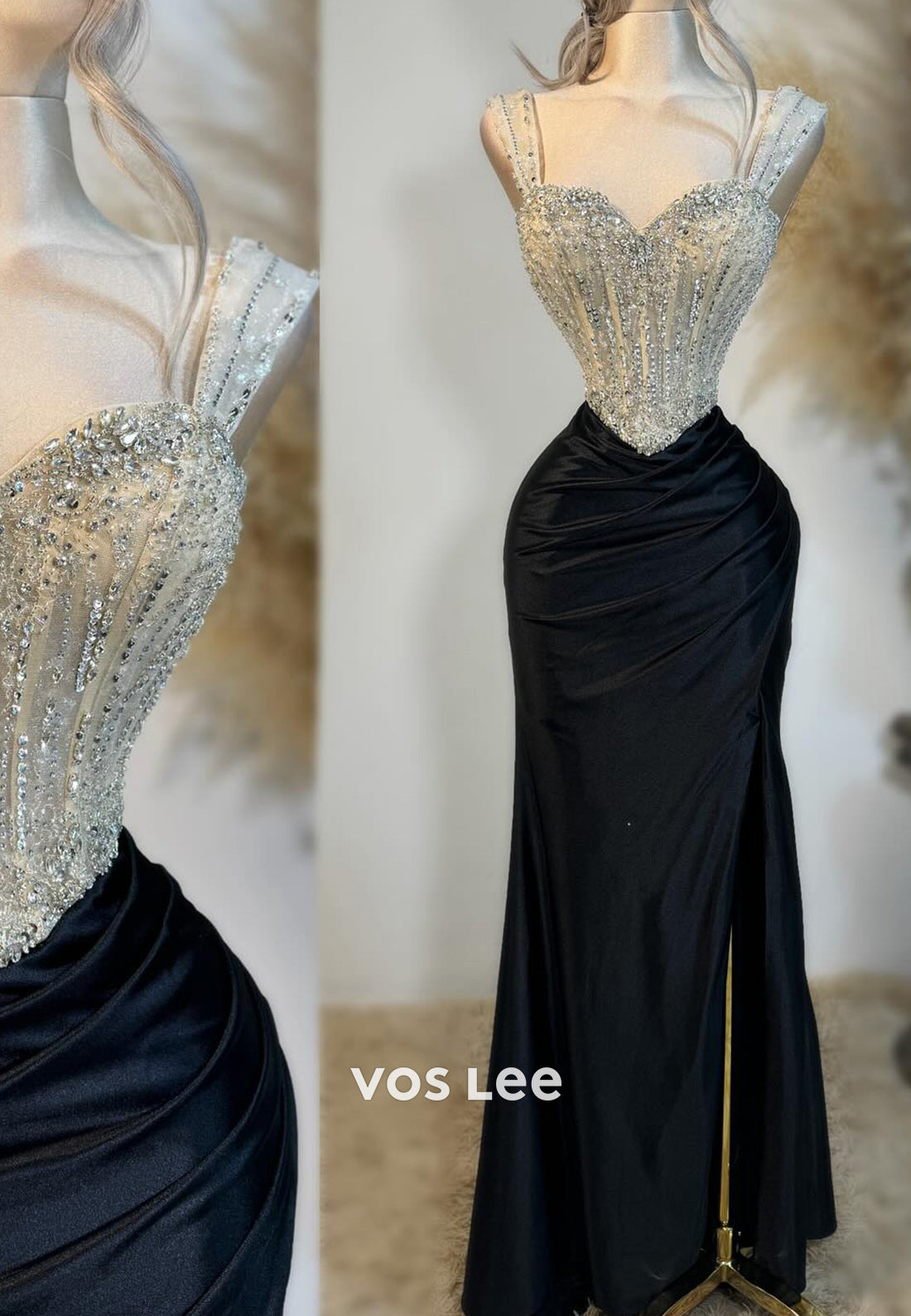 Sweetheart Ruched Rhinestone Mermaid Long Prom Dresses with Side Split