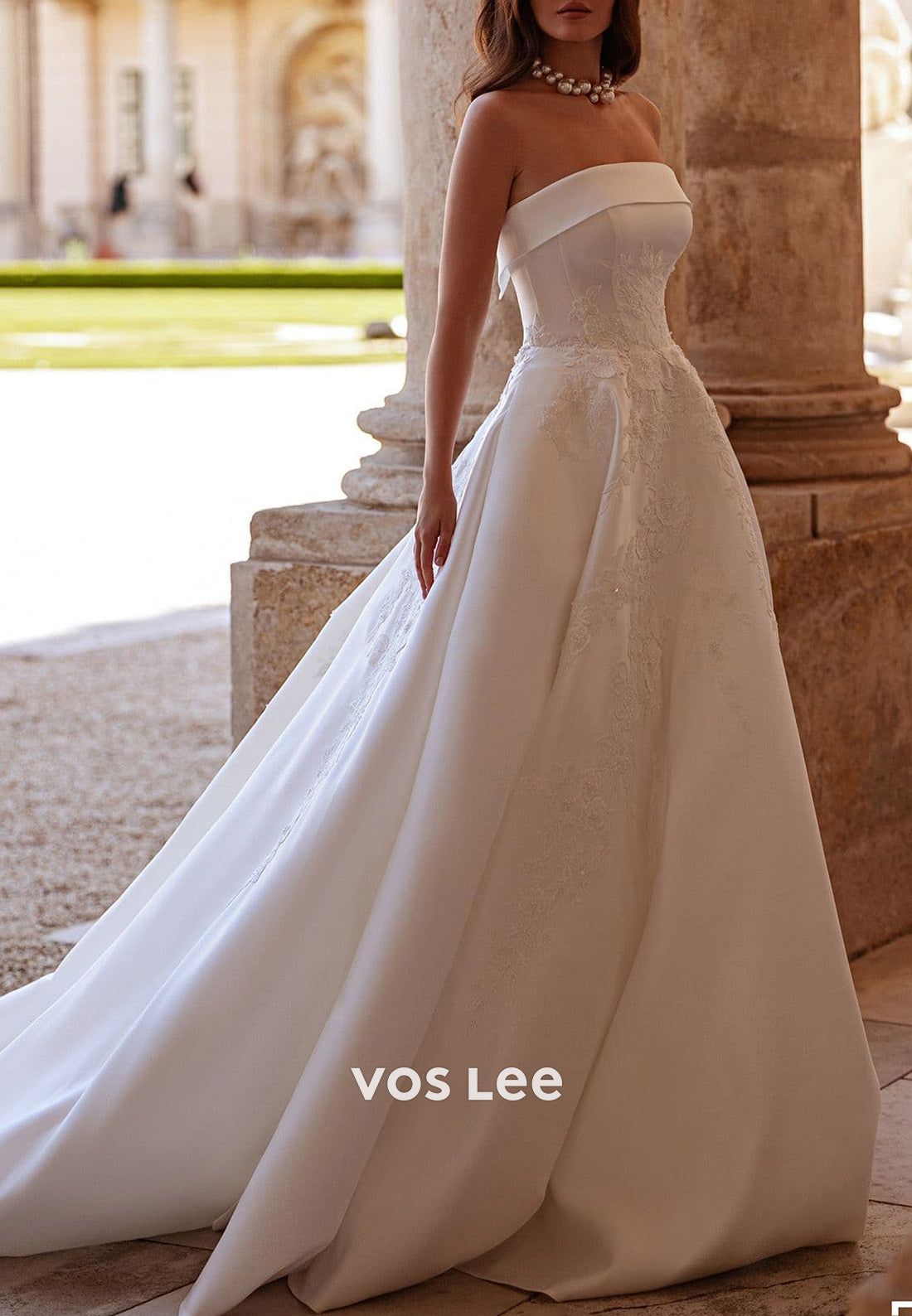 A-Line Strapless Appliqued Pleated Long Classic Wedding Dresses with Court Train