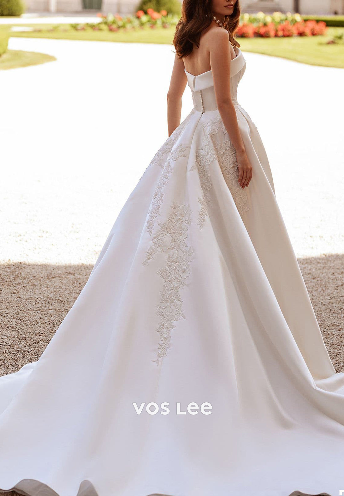 A-Line Strapless Appliqued Pleated Long Classic Wedding Dresses with Court Train