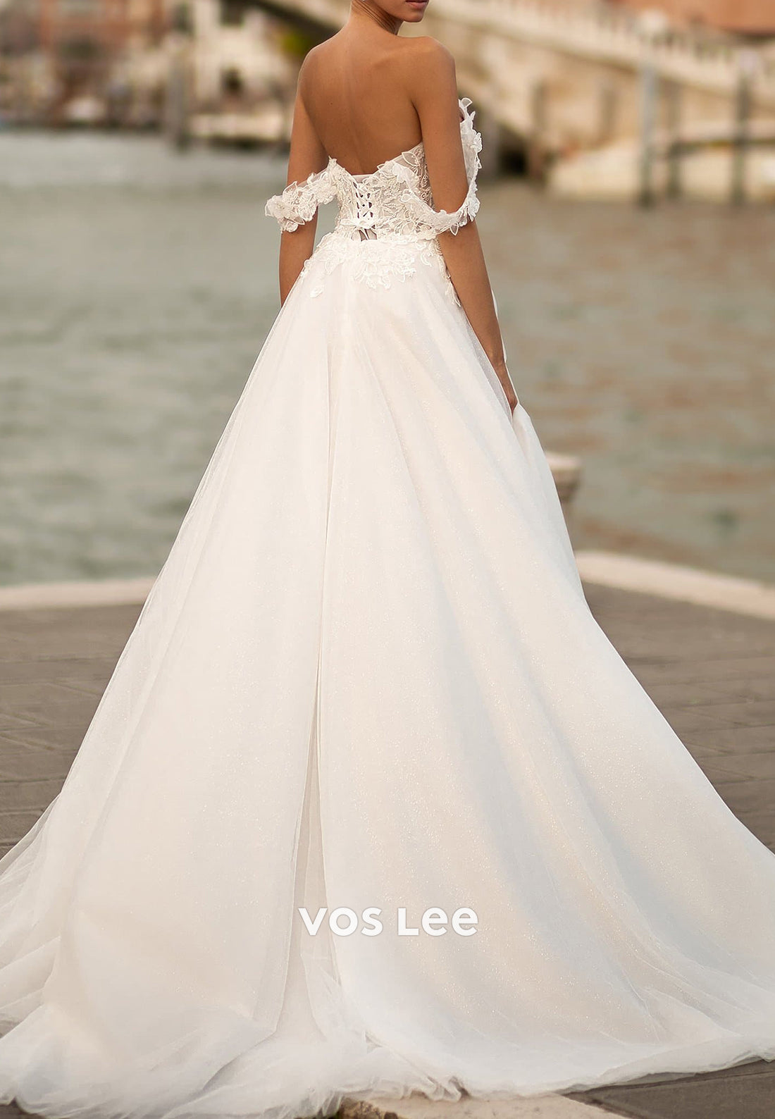 A-Line Off the Shoulder Sweetheart Split Appliques Lace Wedding Dresses with Court Train