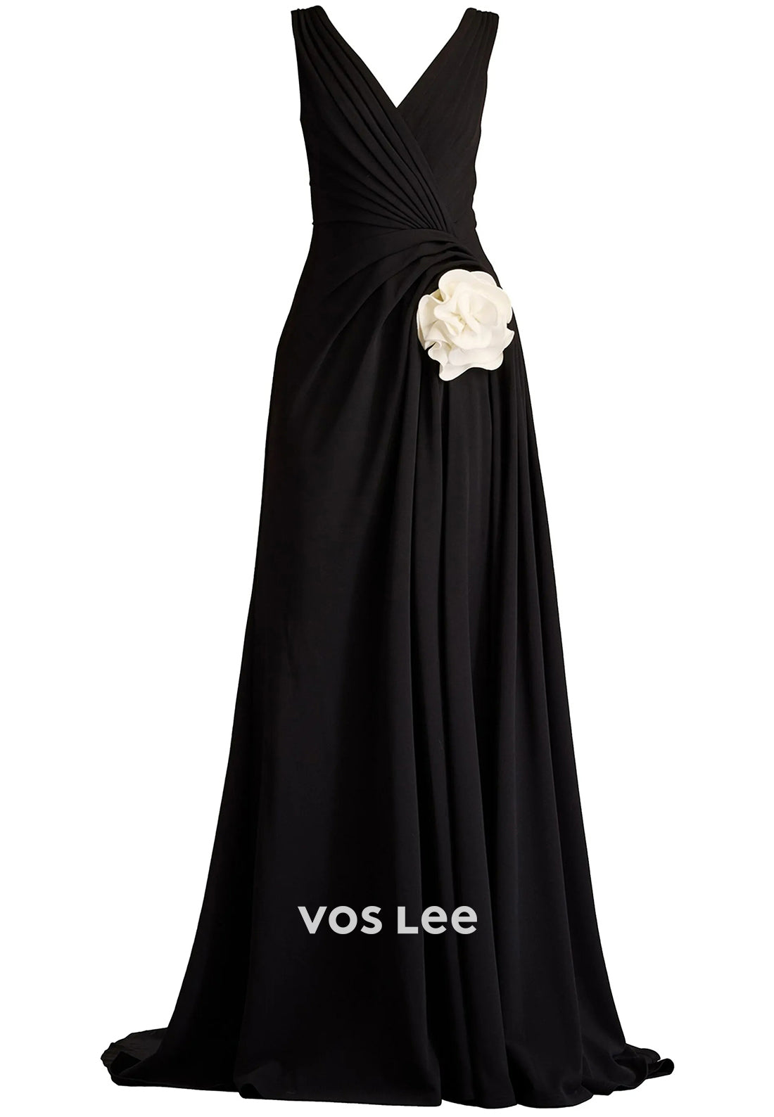 A-Line V Neck Floral Embossed Pleated Mother of Bride Dresses with Sweep Train