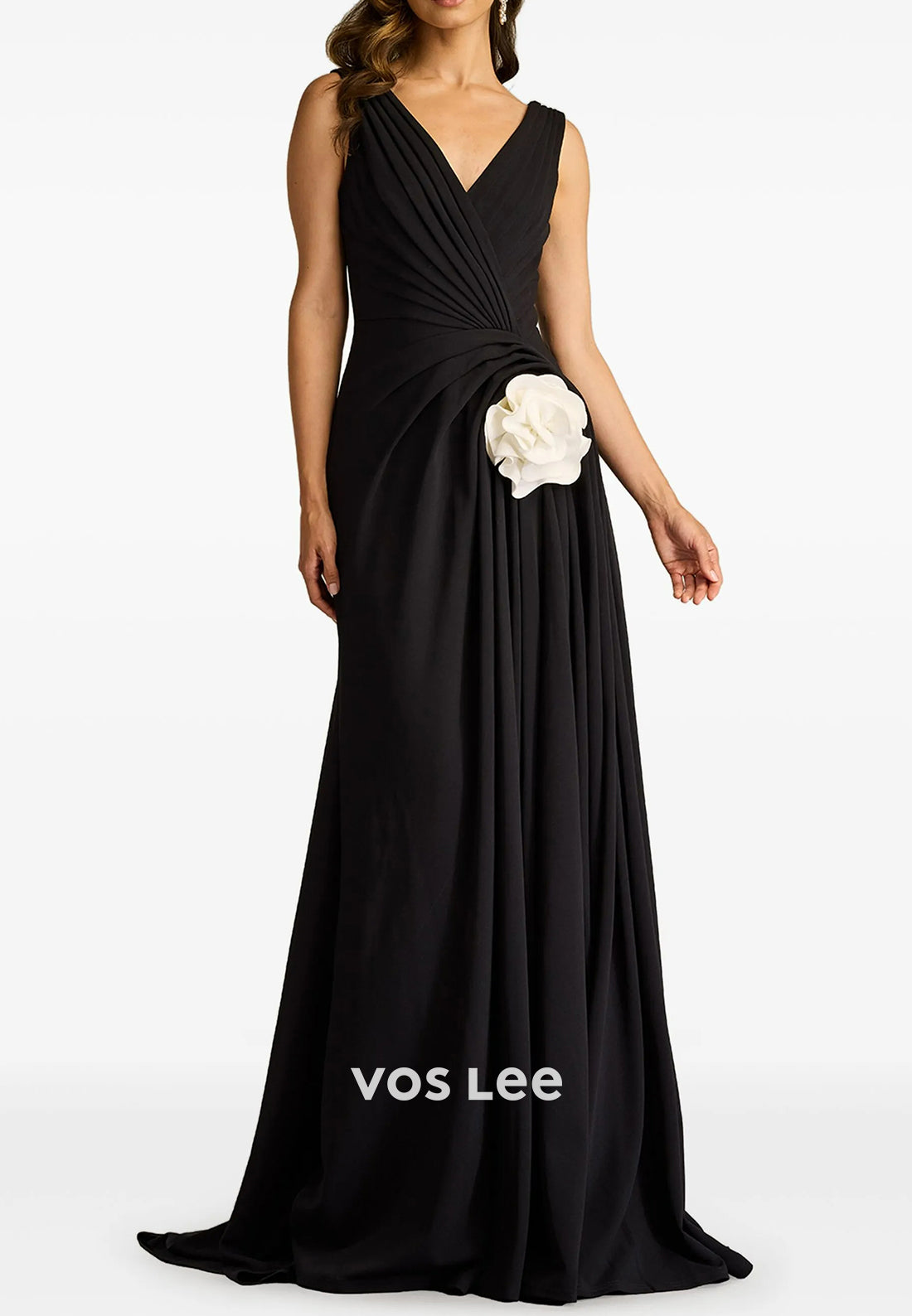 A-Line V Neck Floral Embossed Pleated Mother of Bride Dresses with Sweep Train