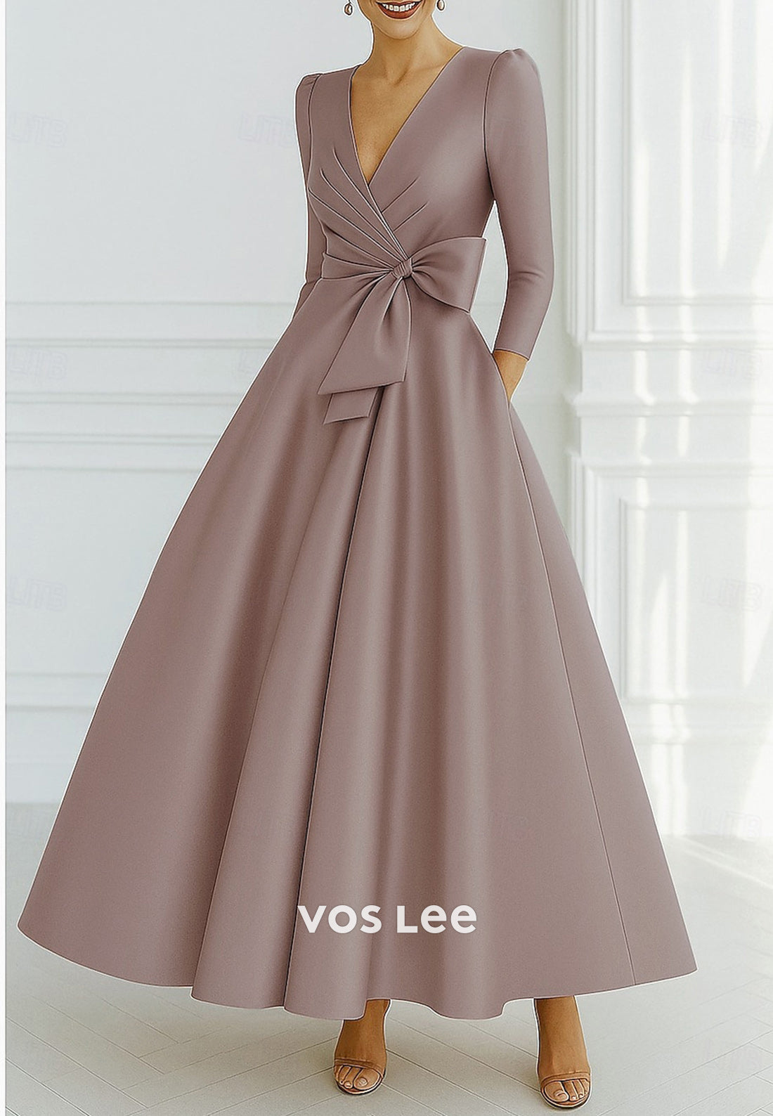 A-Line V Neck 3/4 Sleeve Bowknot Ankle-Length Evening Dresses