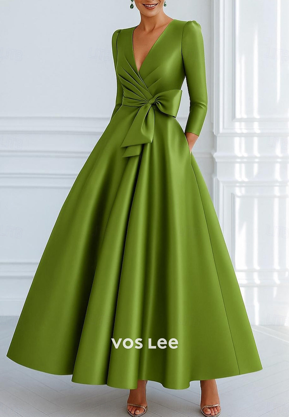 A-Line V Neck 3/4 Sleeve Bowknot Ankle-Length Evening Dresses