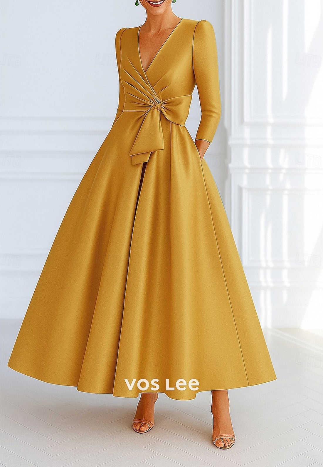 A-Line V Neck 3/4 Sleeve Bowknot Ankle-Length Evening Dresses