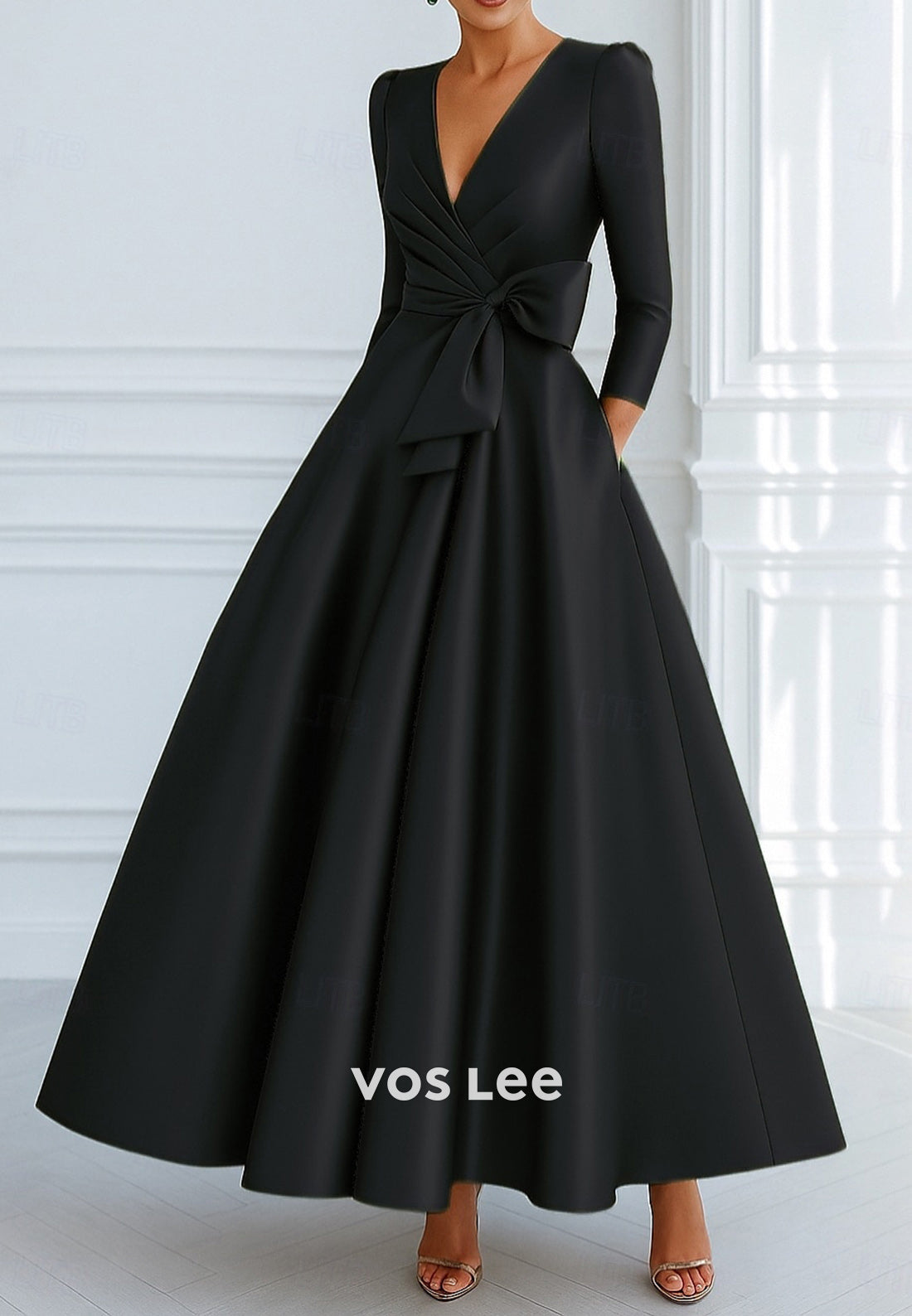 A-Line V Neck 3/4 Sleeve Bowknot Ankle-Length Evening Dresses