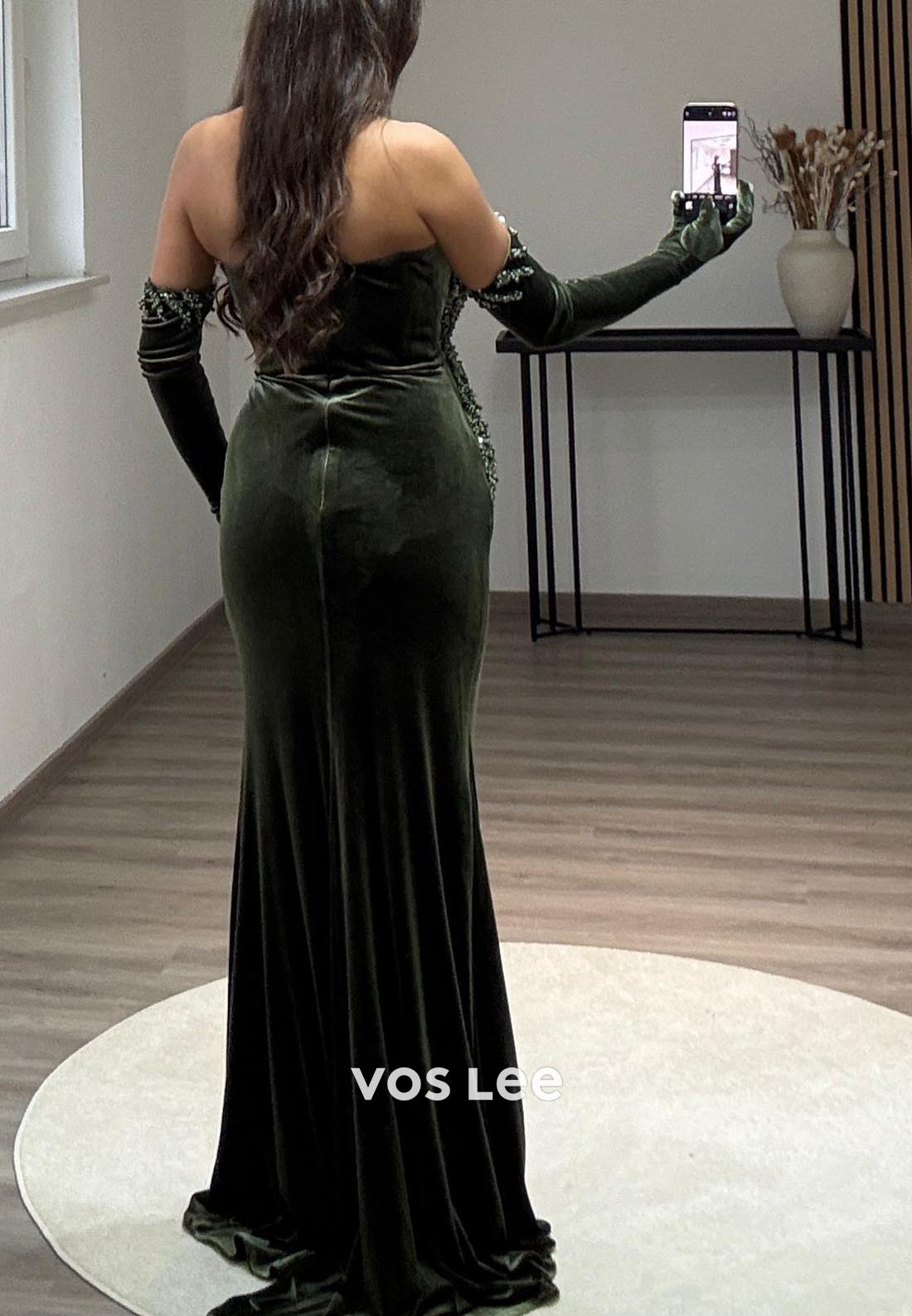 Strapless Velvet Ruched Strapless Pearl Mermaid Long Formal Dresses with Long gloves