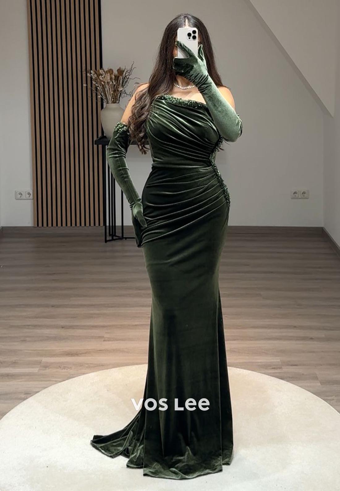 Strapless Velvet Ruched Strapless Pearl Mermaid Long Formal Dresses with Long gloves