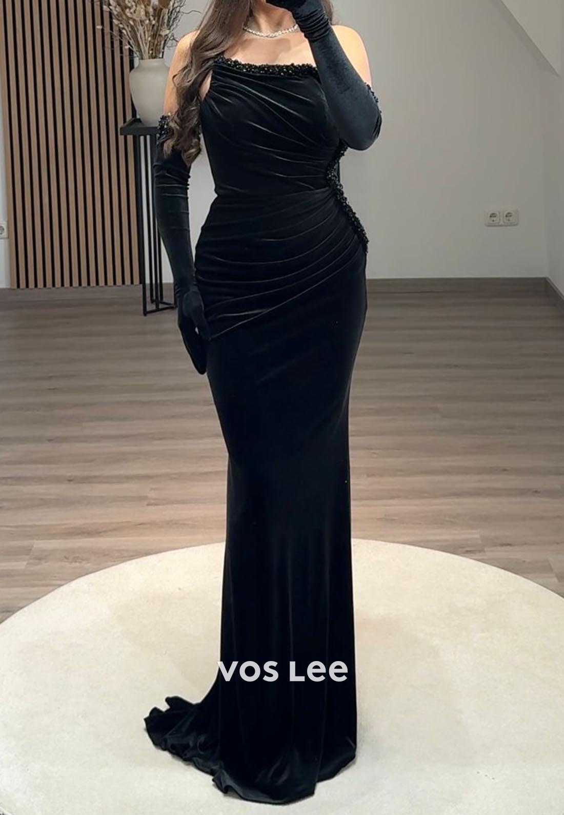Strapless Velvet Ruched Strapless Pearl Mermaid Long Formal Dresses with Long gloves
