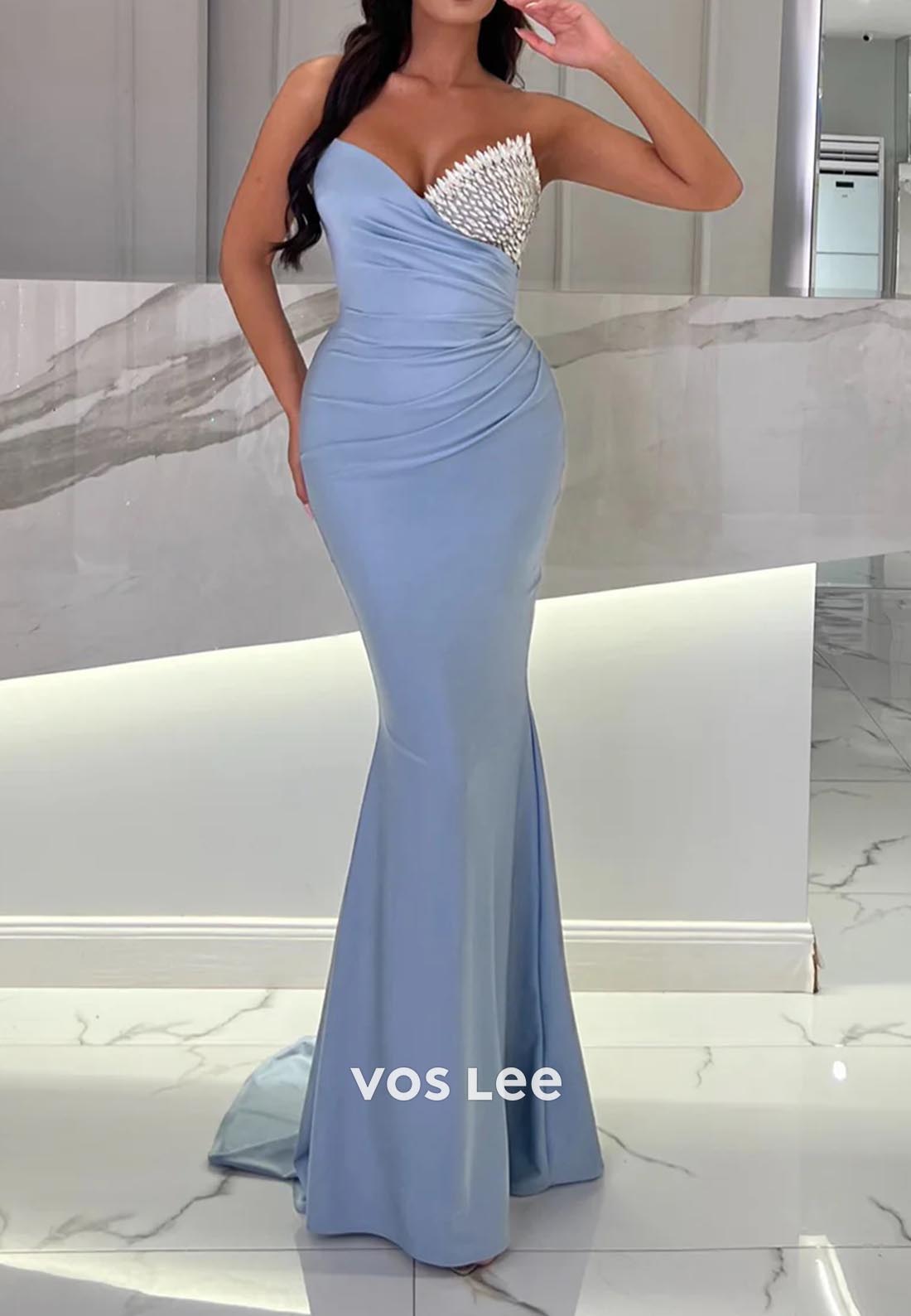 Sweetheart Ruched Rhinestone Mermaid Evening Dress Prom Dresses with Train