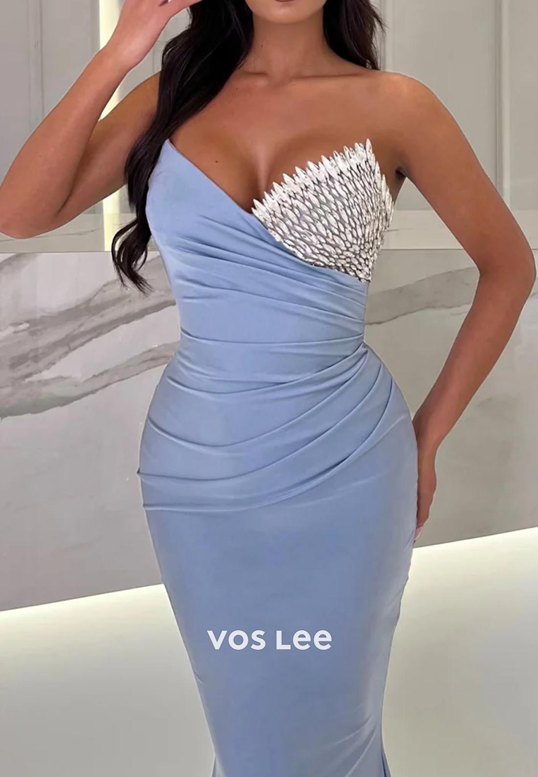 Sweetheart Ruched Rhinestone Mermaid Evening Dress Prom Dresses with Train