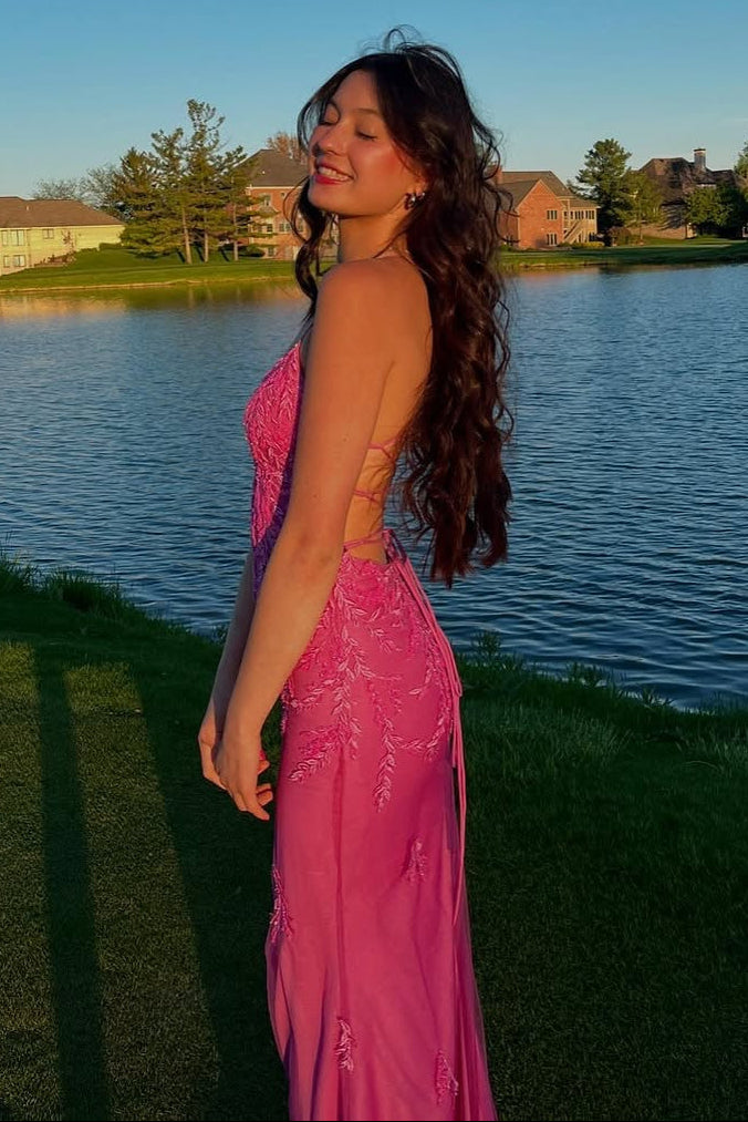 V-neck Hot Pink Lace Appliques Mermaid Long Dress