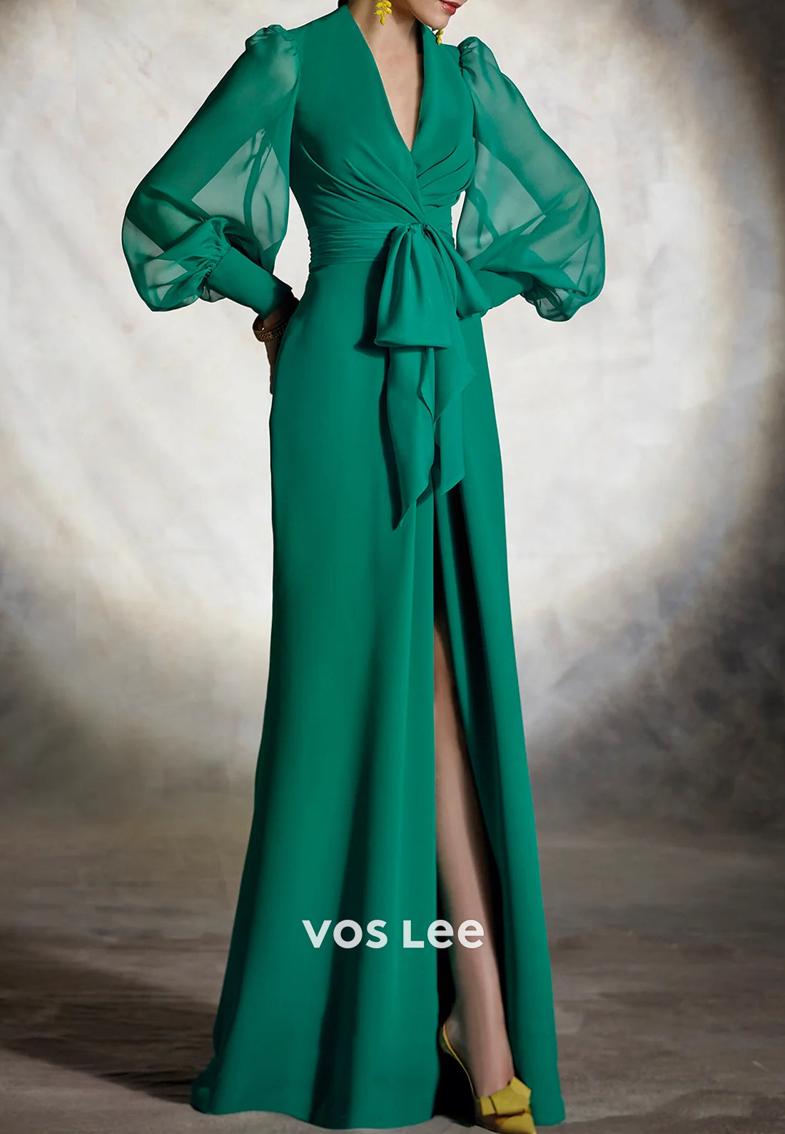 Long Sleeve V Neck Sheath Mother of Bride Dresses with High Split