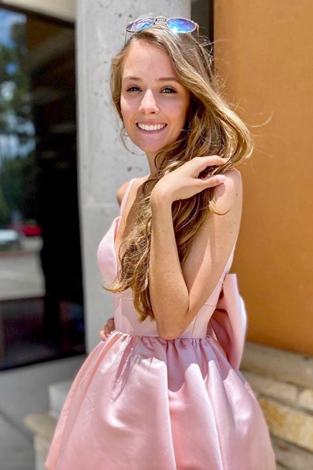 Pink A-line Spaghetti Straps Homecoming Dress With Bowtie