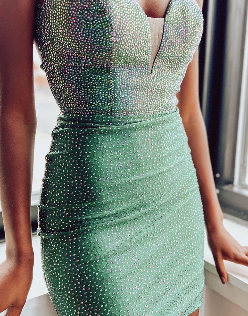 Green Glittler Spaghetti Straps Tight Homecoming Dress