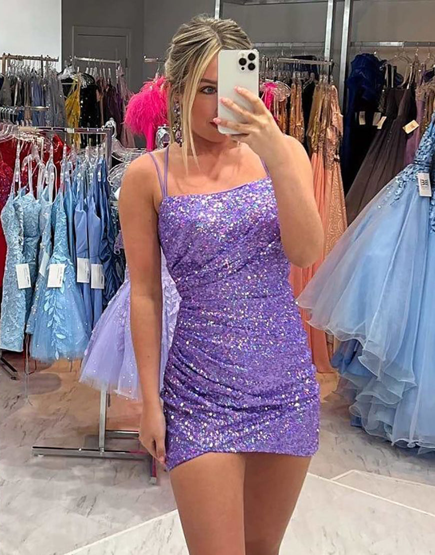 Glitter Sequin Spaghetti Straps Party Dress With Pleating