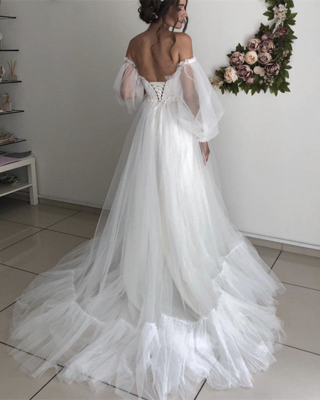 Puffy Sleeves Boho Wedding Dress Tulle Off Shoulder