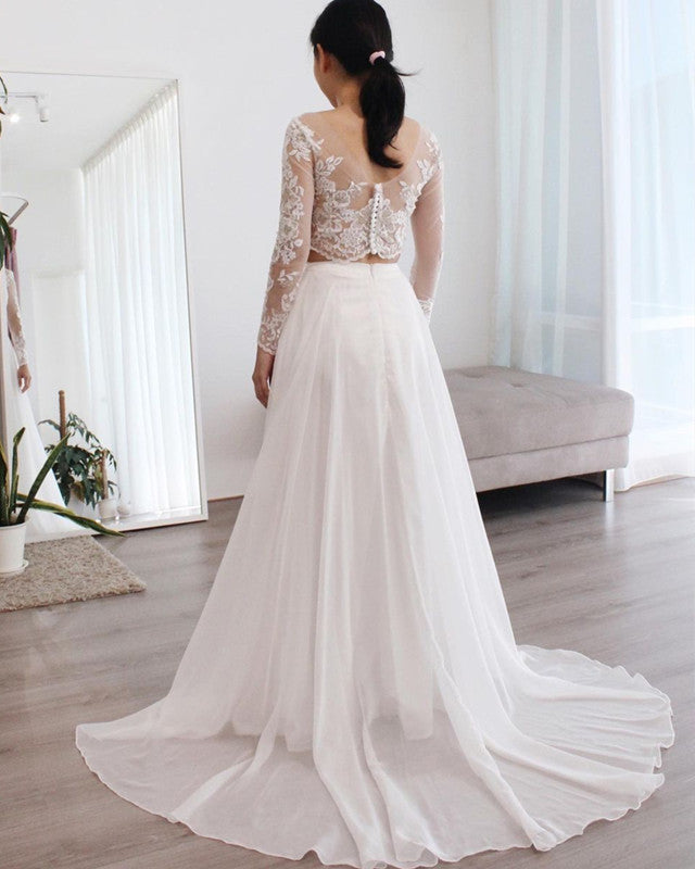 Two Piece Wedding Dress Chiffon Split Lace Sleeves