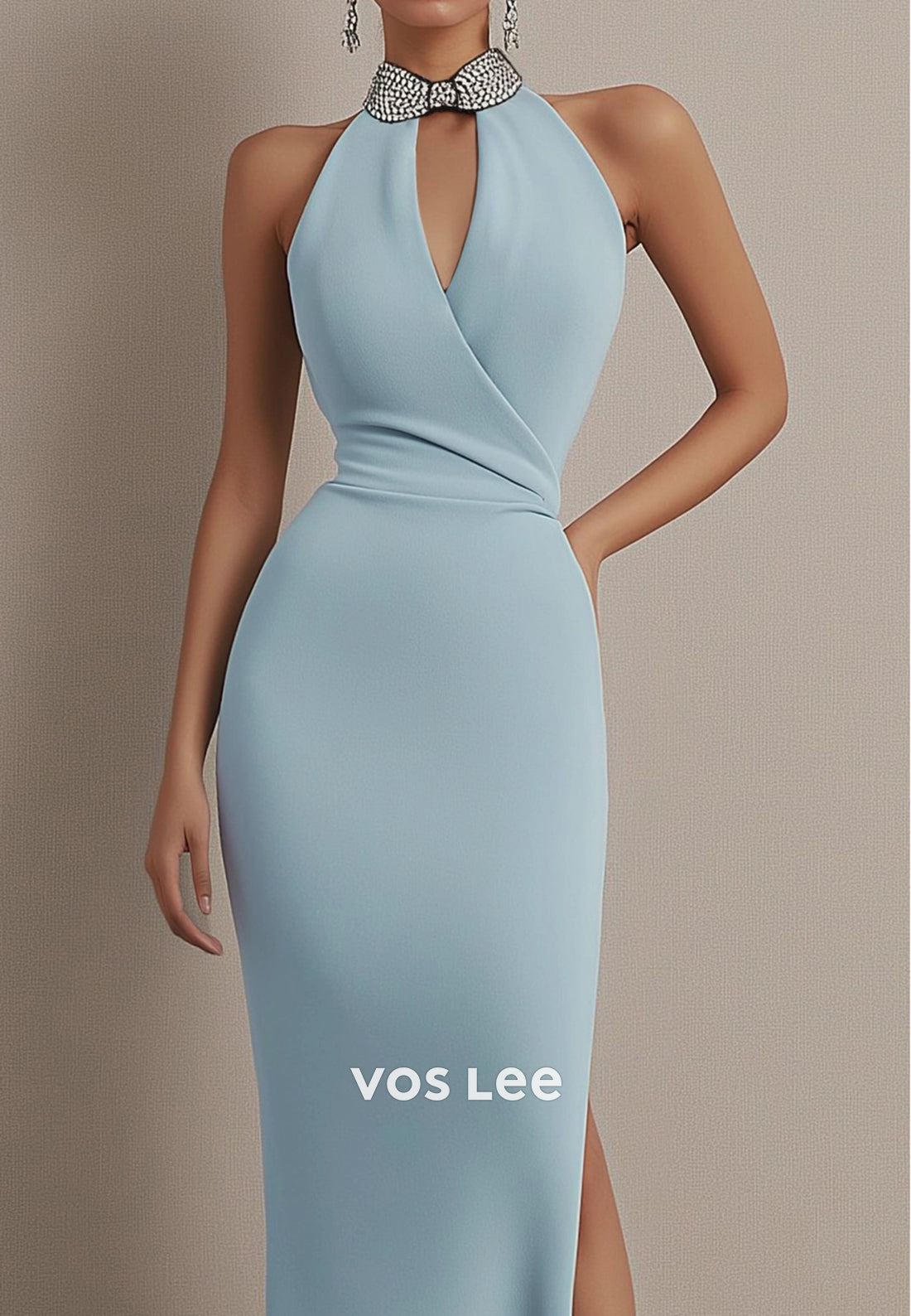 Empire Waist Halter Bowknot Ankle-Length Mermaid Evening Dresses with Side Split
