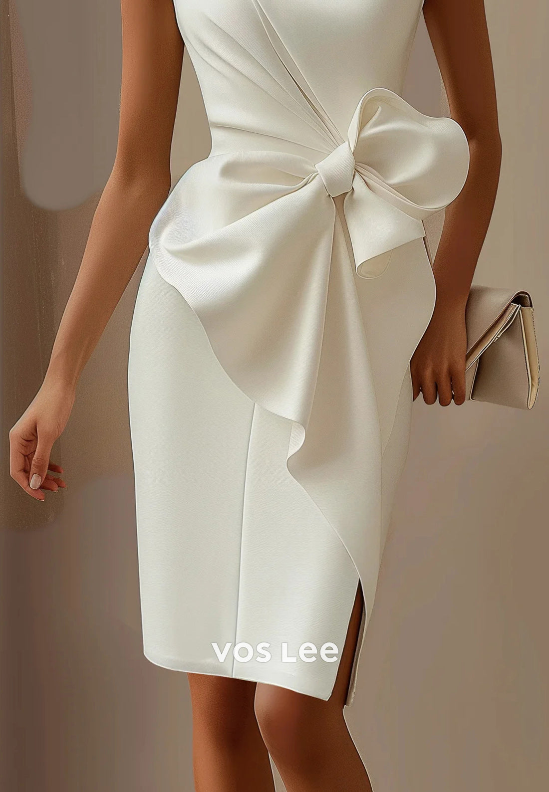Classic & Timeless Pleated Bowknot Sheath Knee-Length Wedding Guest Dresses with Split