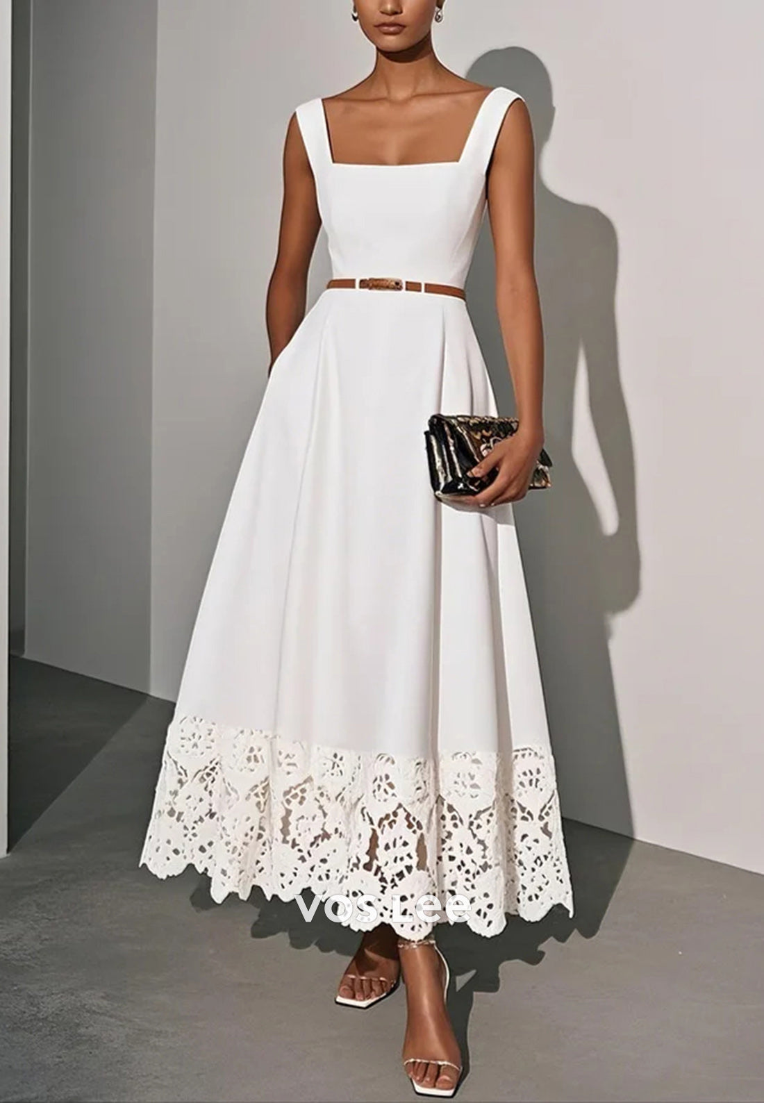 A-Line Illusion Cutout Lace Square Pleated Ankle-Length Wedding Guest Dresses