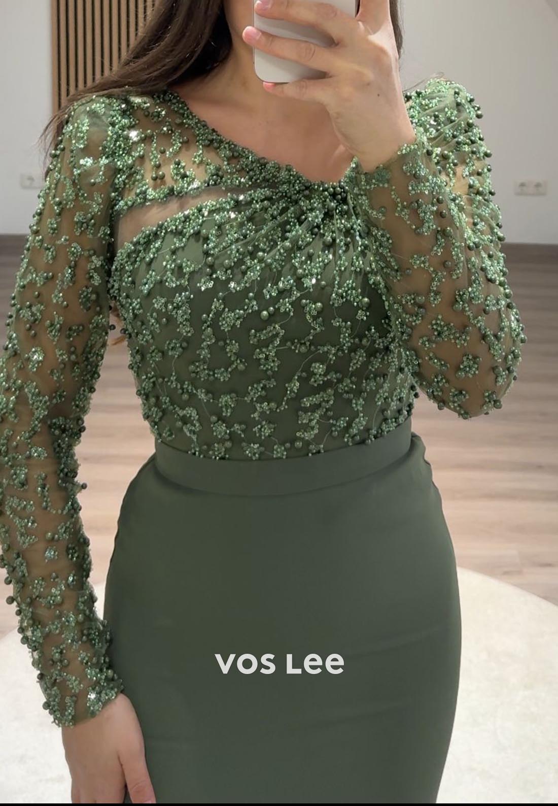 Empire Waist Long Sleeves Lace Pearl Mermaid Formal Dresses with Slit