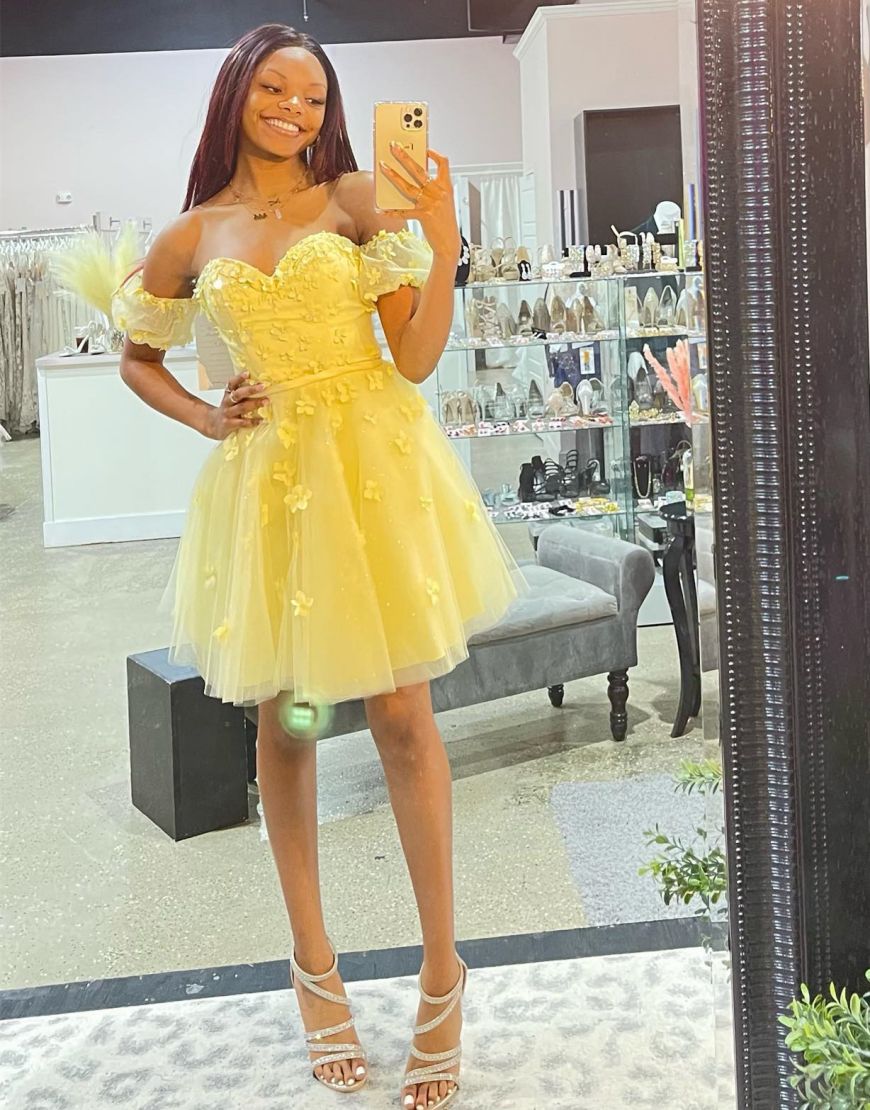 Yellow Off The Shoulder Homecoming Dress With Appliques