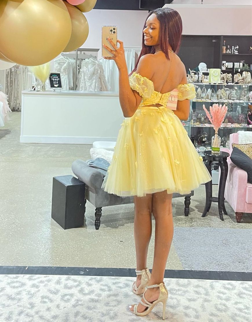 Yellow Off The Shoulder Homecoming Dress With Appliques