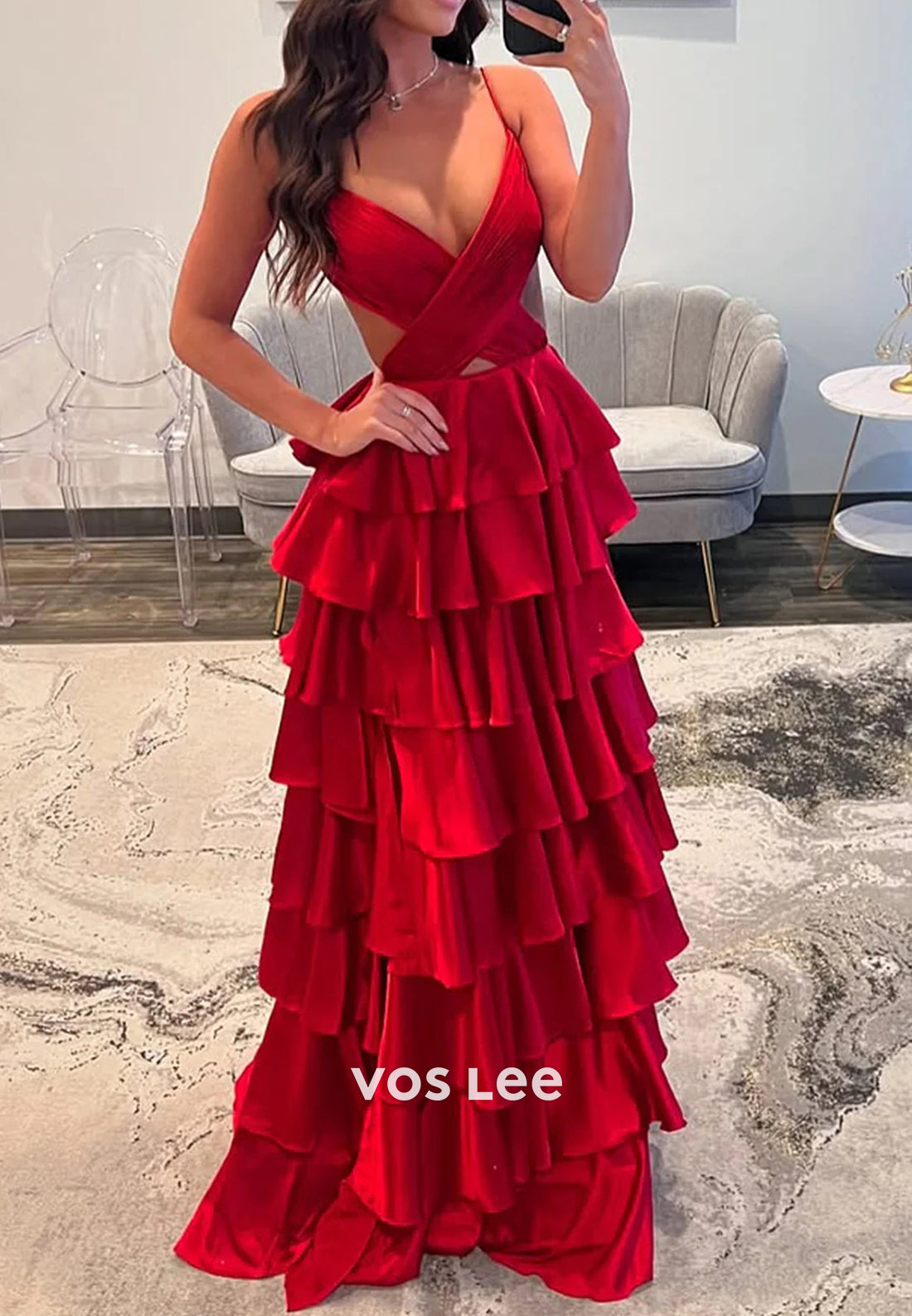 A-Line Criss-Cross Straps Pleated Tiered Floor-Length Sexy Prom Dresses