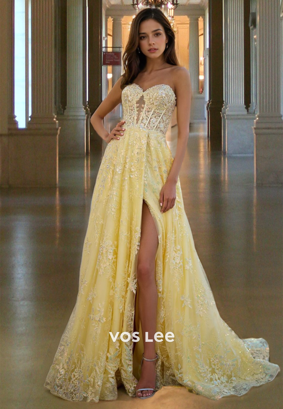 A-Line Yellow Sweetheart Lace Prom Dresses Strapless Luxury Floor Length Long Quinceanera Dress with High Slit