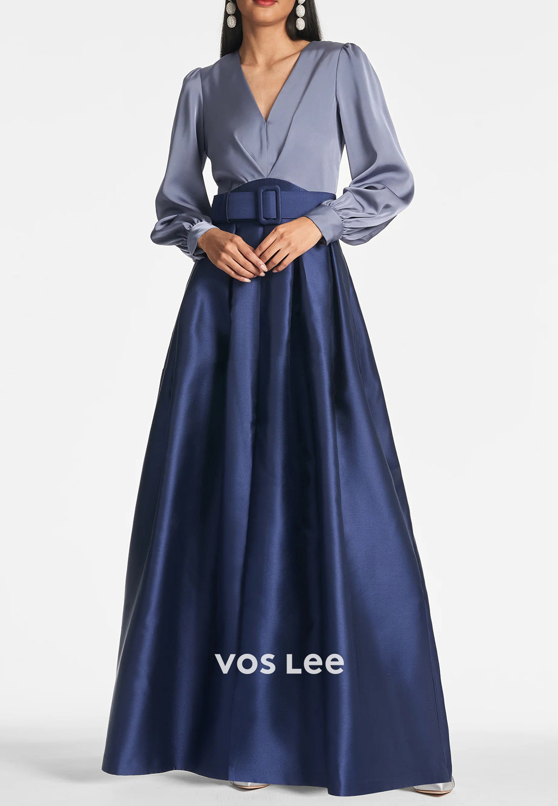 Classic A-Line Long Sleeve V Neck Pleated Wedding Guest Dresses with High Split