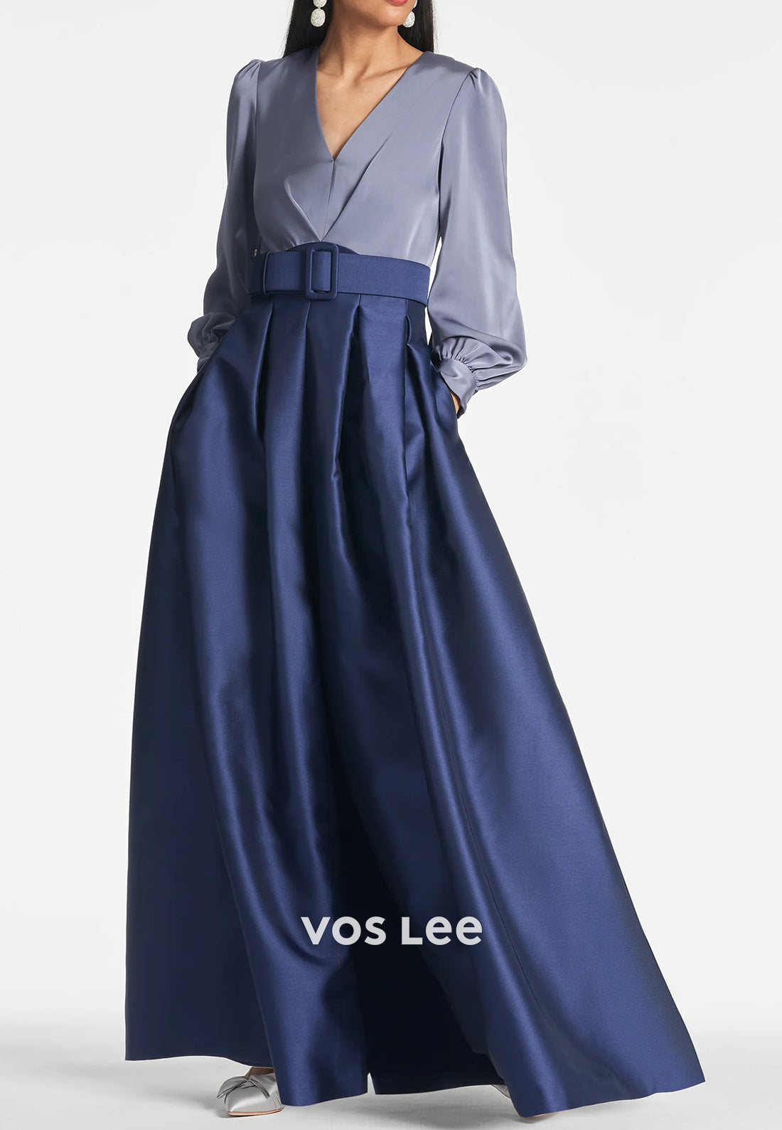 Classic A-Line Long Sleeve V Neck Pleated Wedding Guest Dresses with High Split