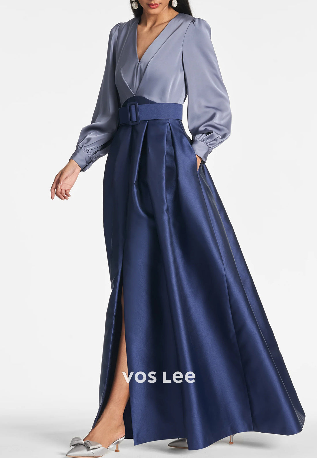 Classic A-Line Long Sleeve V Neck Pleated Wedding Guest Dresses with High Split