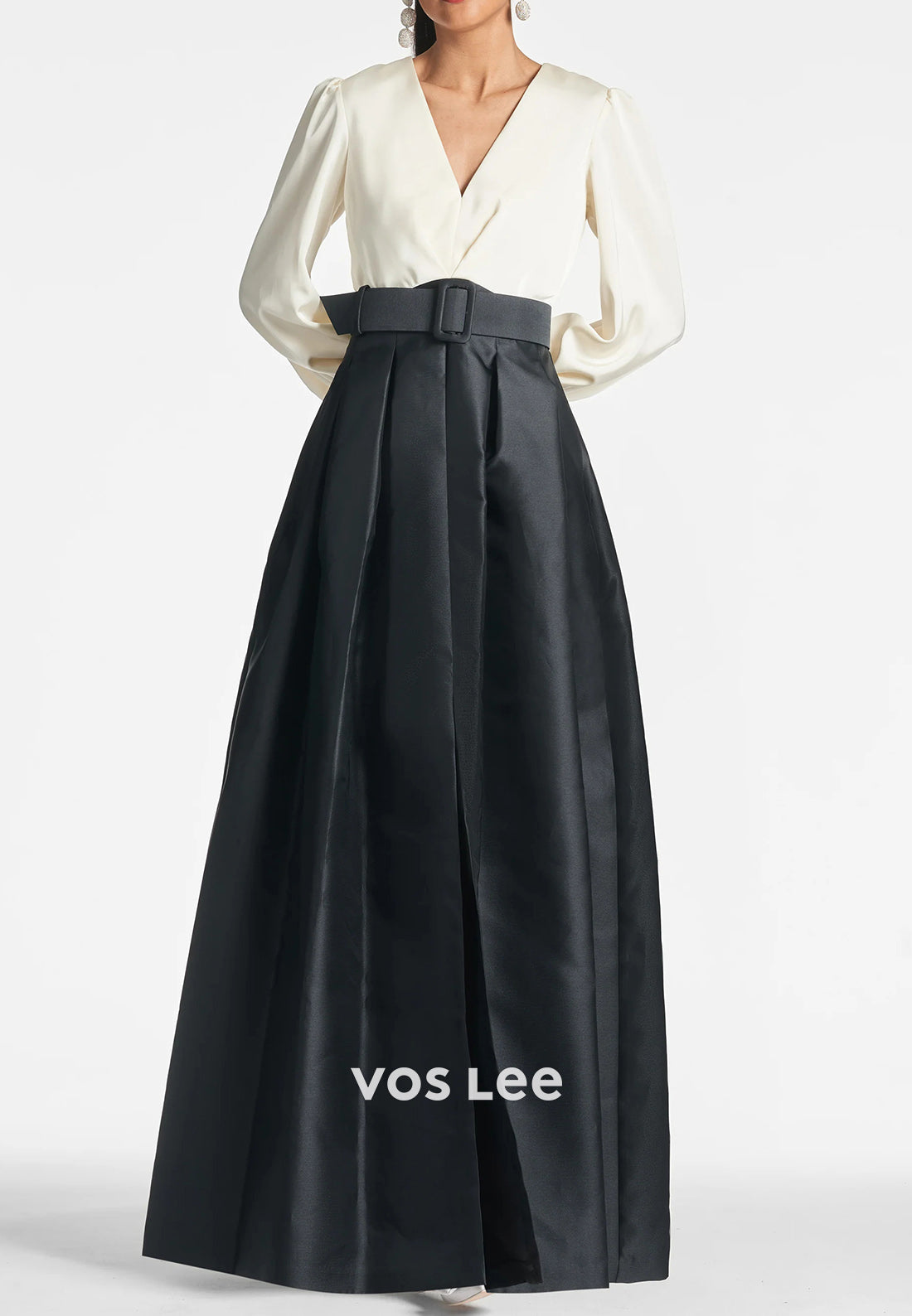 Classic A-Line Long Sleeve V Neck Pleated Wedding Guest Dresses with High Split