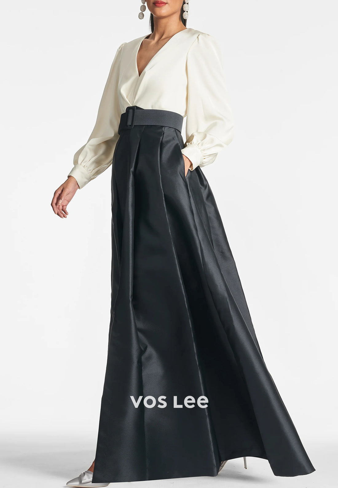 Classic A-Line Long Sleeve V Neck Pleated Wedding Guest Dresses with High Split