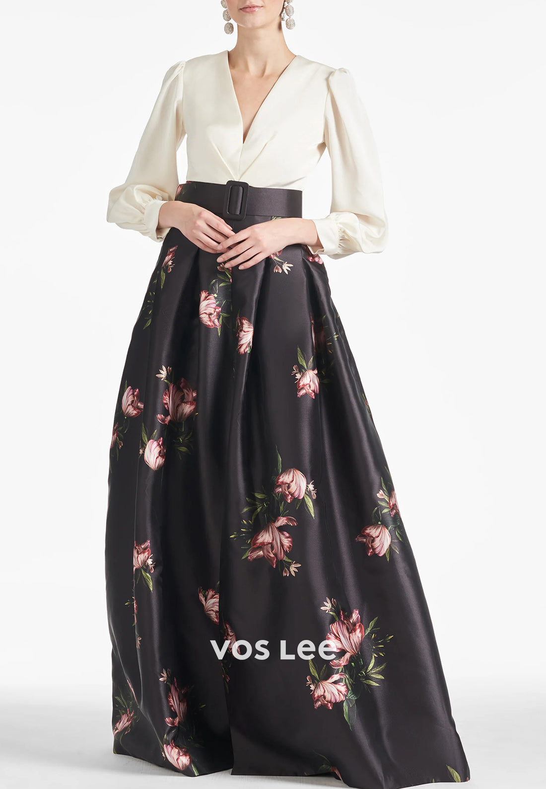 A-Line Long Sleeve V Neck Floral Embellished Pleated Wedding Guest Dresses with High Split