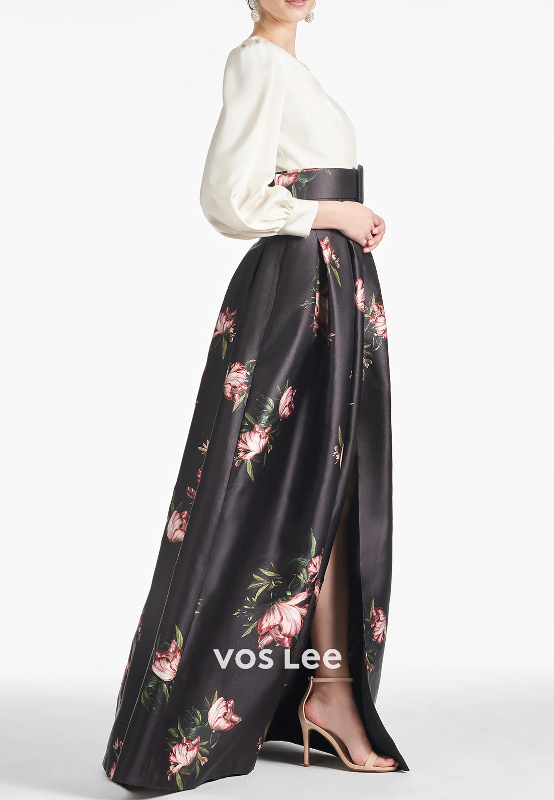 A-Line Long Sleeve V Neck Floral Embellished Pleated Wedding Guest Dresses with High Split