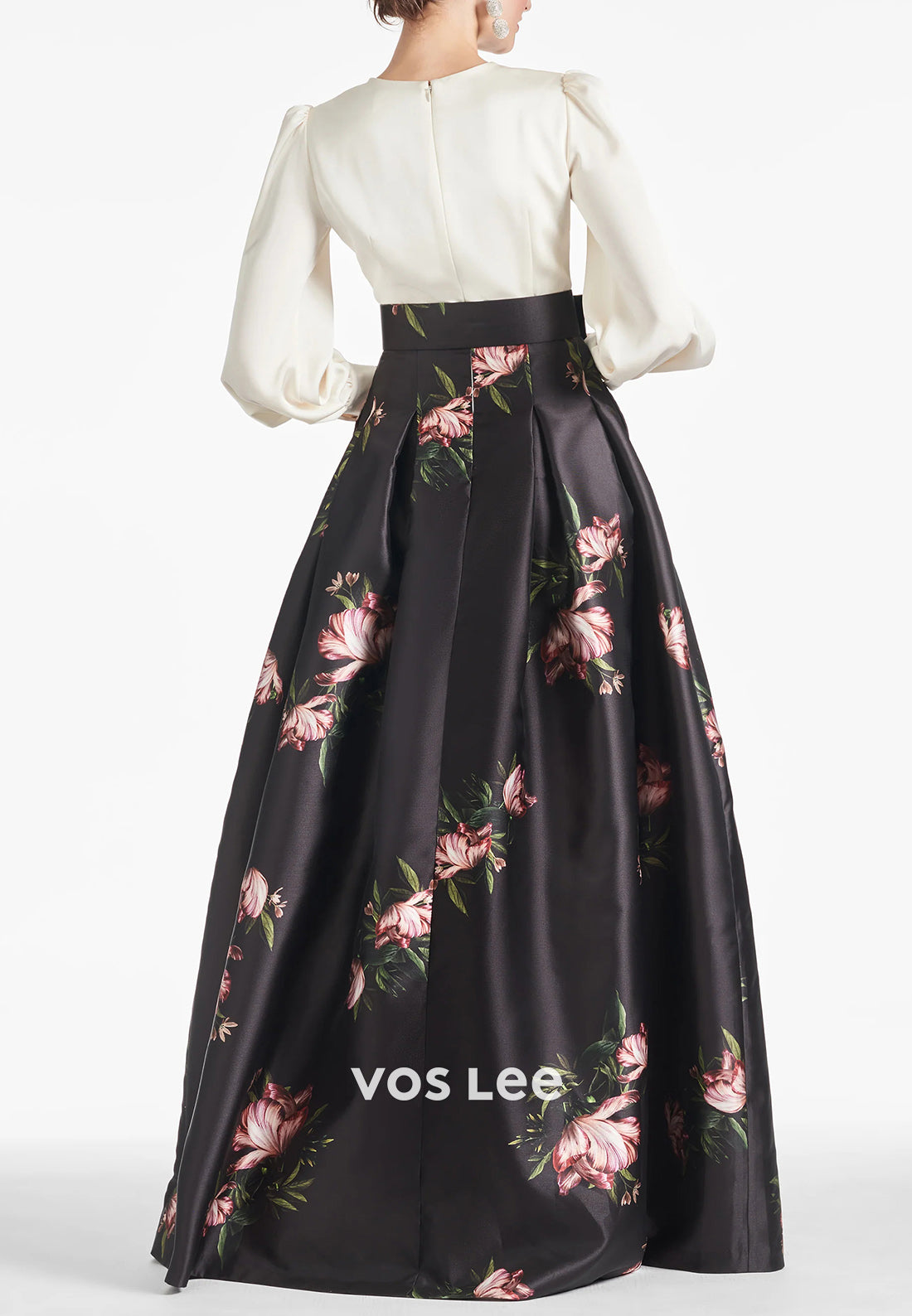 A-Line Long Sleeve V Neck Floral Embellished Pleated Wedding Guest Dresses with High Split